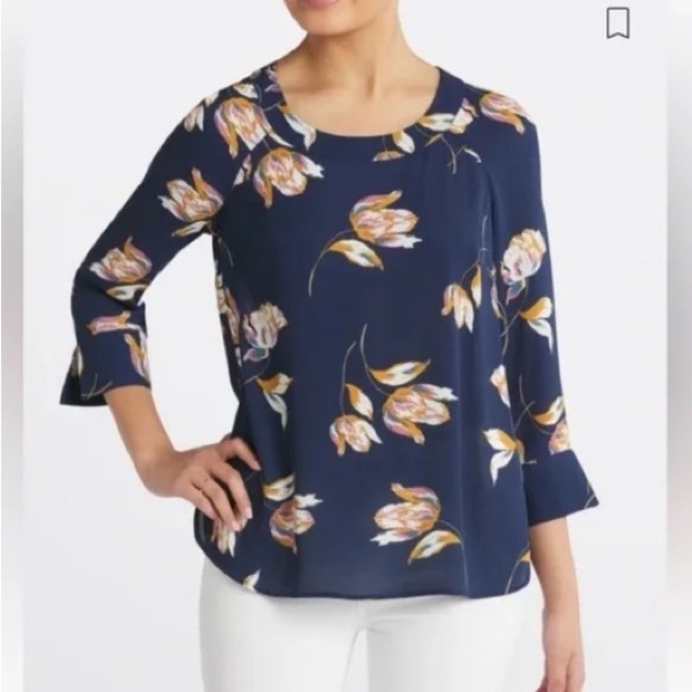 Daniel‎ Rainn Navy Floral 3/4 Sleeve Blouse PM Petite Medium